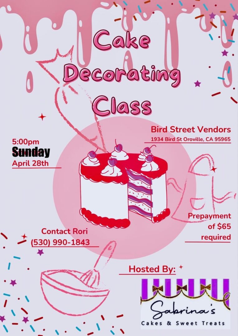 A poster of cake decorating class in pink color.
